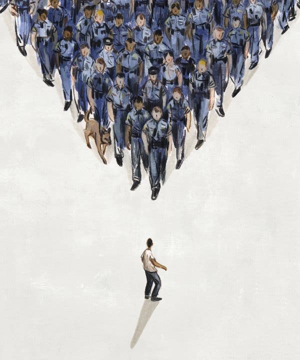 Un jeune face à une troupe de policiers